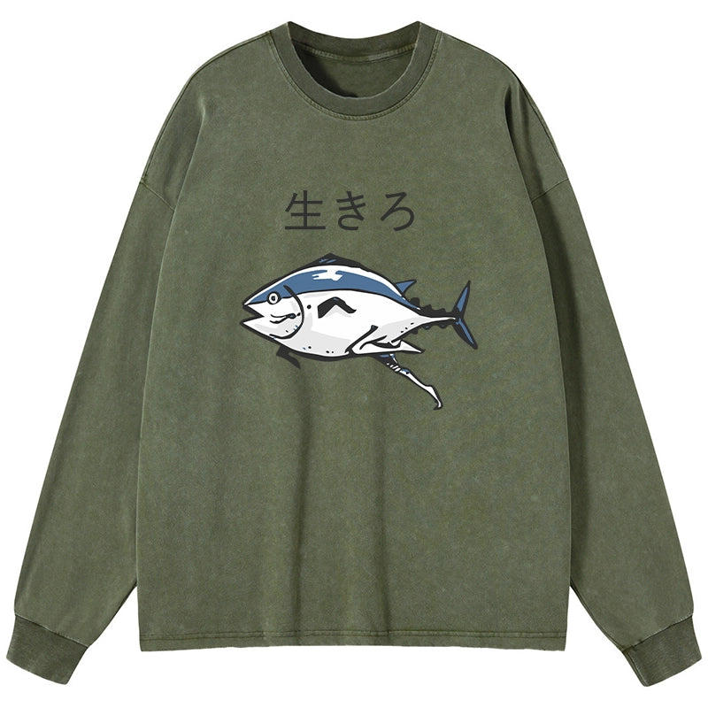 Tokyo-Tiger Running Fish Washed Long Sleeve T-Shirt