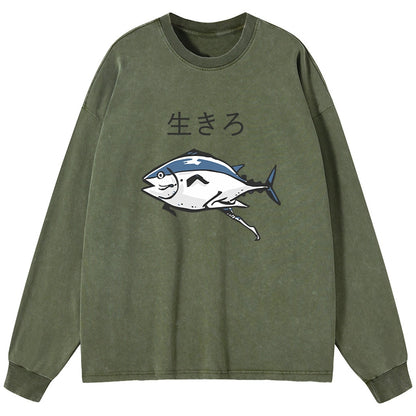 Tokyo-Tiger Running Fish Washed Long Sleeve T-Shirt