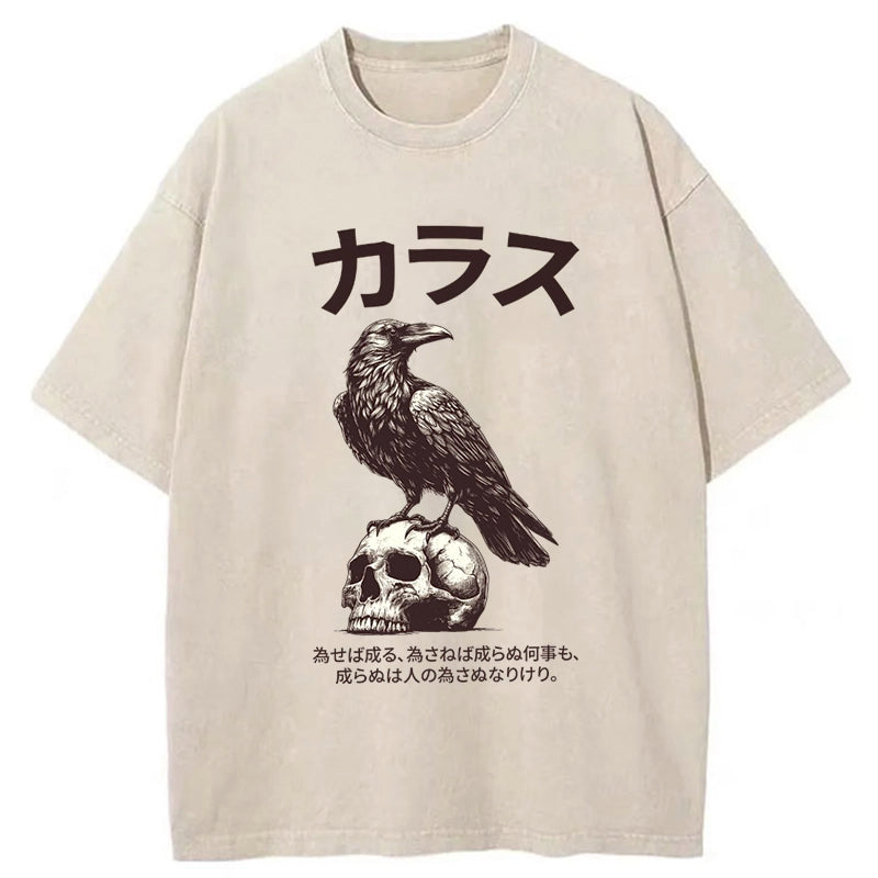 Tokyo-Tiger Black Raven On A Skull Washed T-Shirt