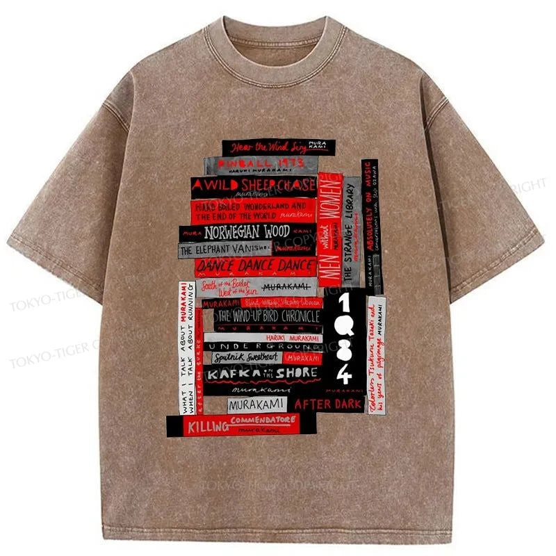 Tokyo-Tiger Murakami Book Stack Fanatic Washed T-Shirt