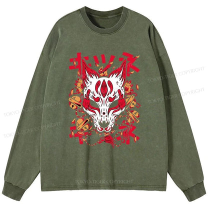 Tokyo-Tiger Japanese Kitsune Mask Washed Long Sleeve T-Shirt