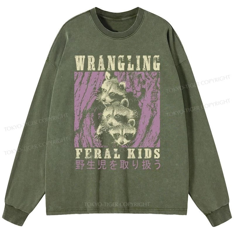 Tokyo-Tiger Wrangling Feral Raccoon Kids Washed Long Sleeve T-Shirt