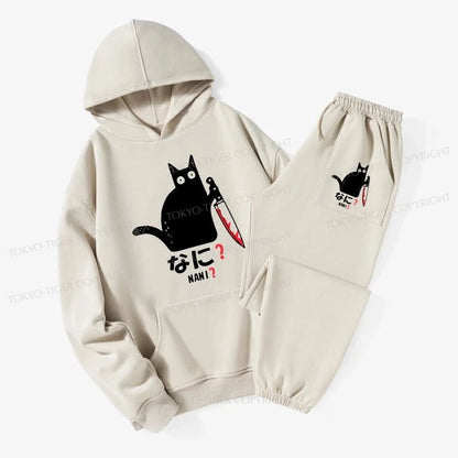 Tokyo-Tiger A Puzzled Cat Holding A Knife Fleece Lined Hoodie Set