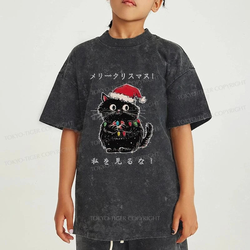 Tokyo-Tiger Black Cat Merry Fluffmas Kids Washed T-Shirt