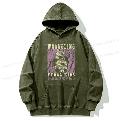 Tokyo-Tiger Wrangling Feral Raccoon Kids Washed Hoodie