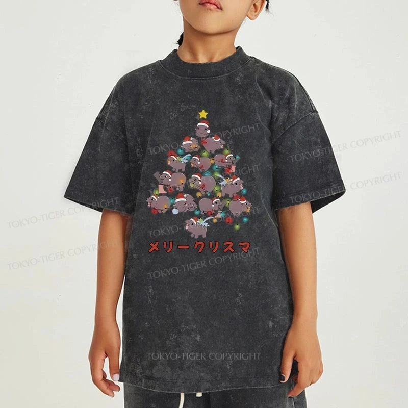 Tokyo-Tiger Moo Deng Christmas Tree Japanese Kids Washed T-Shirt