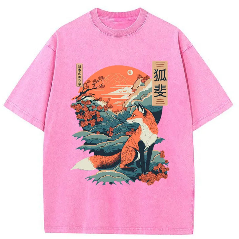 Tokyo-Tiger Japanese Kitsune Fox Sakura Washed T-Shirt