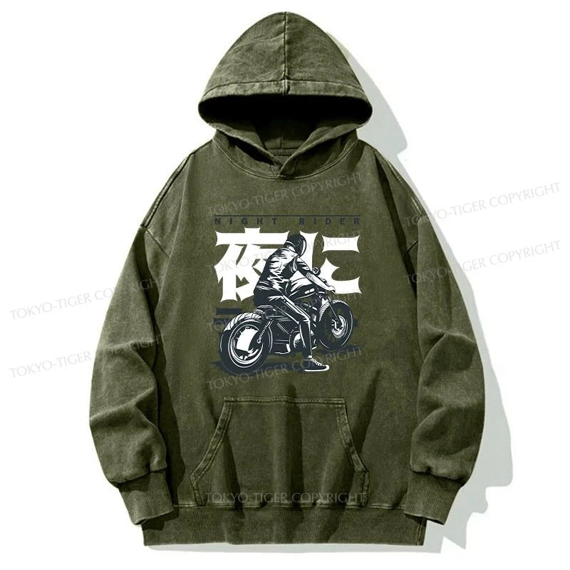 Tokyo-Tiger Motorcyclist Japanese Night Rider Washed Hoodie