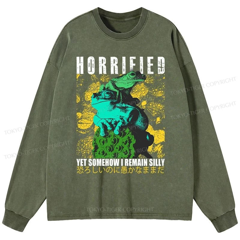 Tokyo-Tiger Horrified Two Frogs Funny Washed Long Sleeve T-Shirt