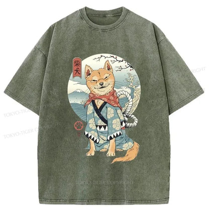 Tokyo-Tiger Samurai Shiba Dog Japanese Washed T-Shirt