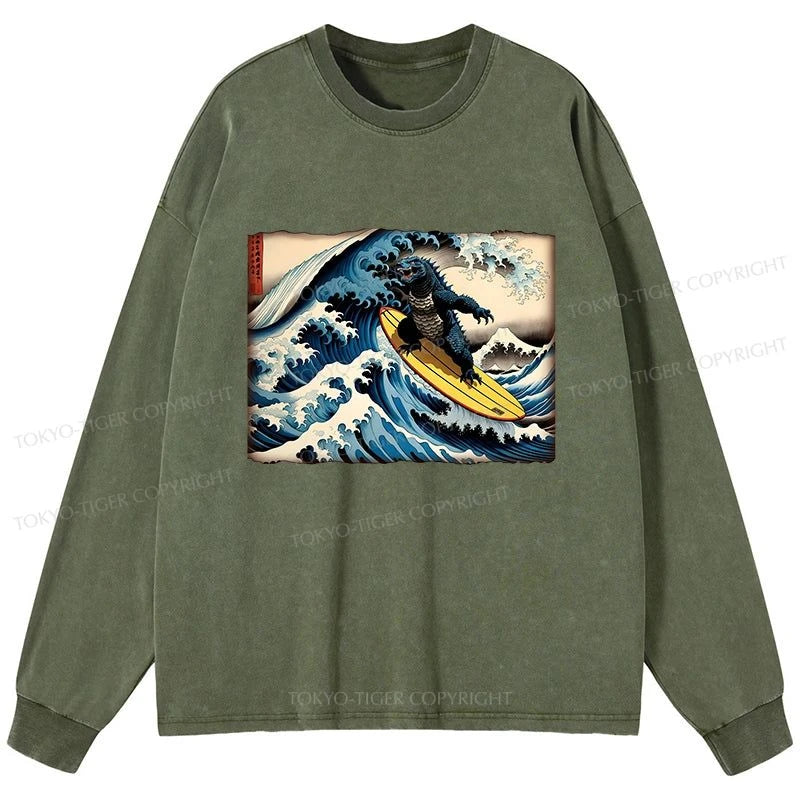 Tokyo-Tiger Dinosaur Surfing Japanese Washed Long Sleeve T-Shirt