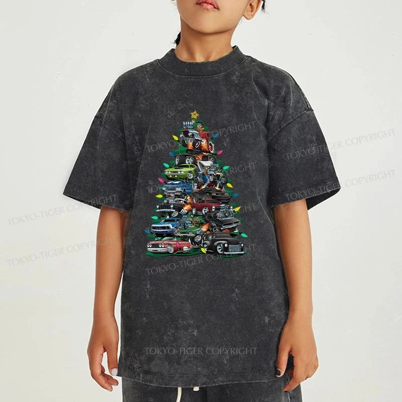 Tokyo-Tiger Christmas Tree Car Kids Washed T-Shirt