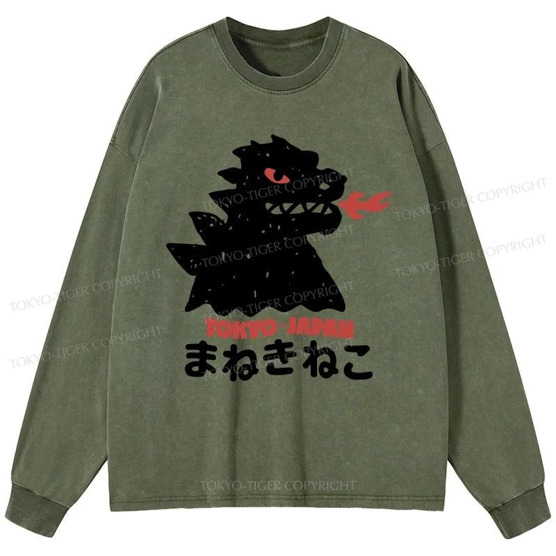 Tokyo-Tiger Japanese Fortune Cat Washed Long Sleeve T-Shirt