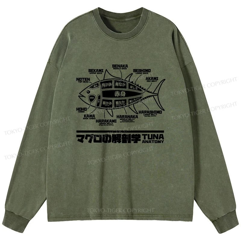 Tokyo-Tiger Tuna Dissection Map Japanese Washed Long Sleeve T-Shirt