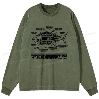 Tokyo-Tiger Tuna Dissection Map Japanese Washed Long Sleeve T-Shirt