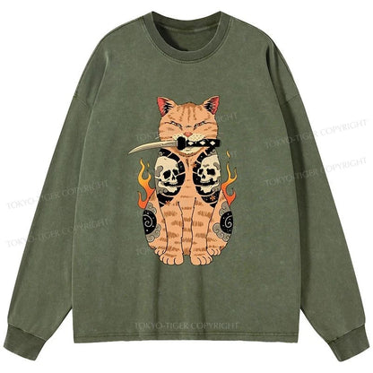 Tokyo-Tiger Catana Cat Skull Tattooed Samurai Washed Long Sleeve T-Shirt