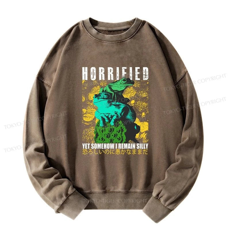 Tokyo-Tiger Horrified Two Frogs Funny Washed Sweatshirt