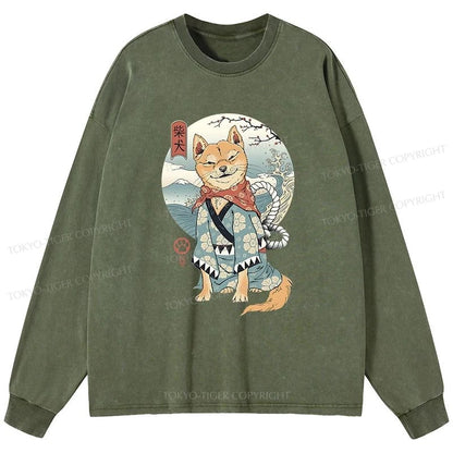 Tokyo-Tiger Samurai Shiba Dog Japanese Washed Long Sleeve T-Shirt