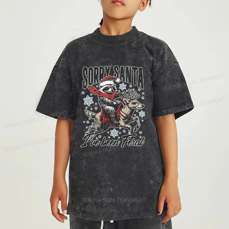 Tokyo-Tiger Funny Raccoon With Santa Kids Washed T-Shirt