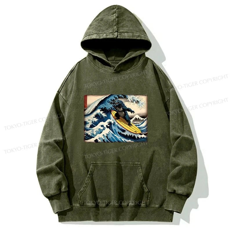 Tokyo-Tiger Dinosaur Surfing Japanese Washed Hoodie