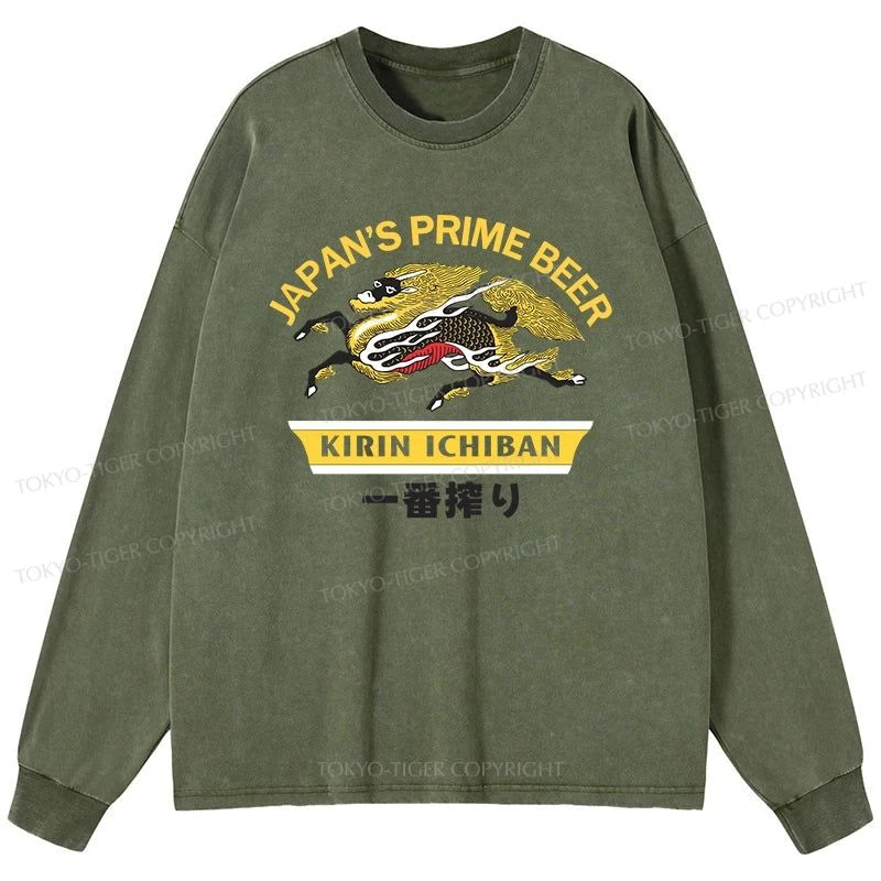 Tokyo-Tiger Kirin Ichiban Beer Logo Japanese Washed Long Sleeve T-Shirt