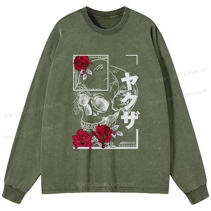 Tokyo-Tiger Skull Roses Japanese Aesthetic Washed Long Sleeve T-Shirt