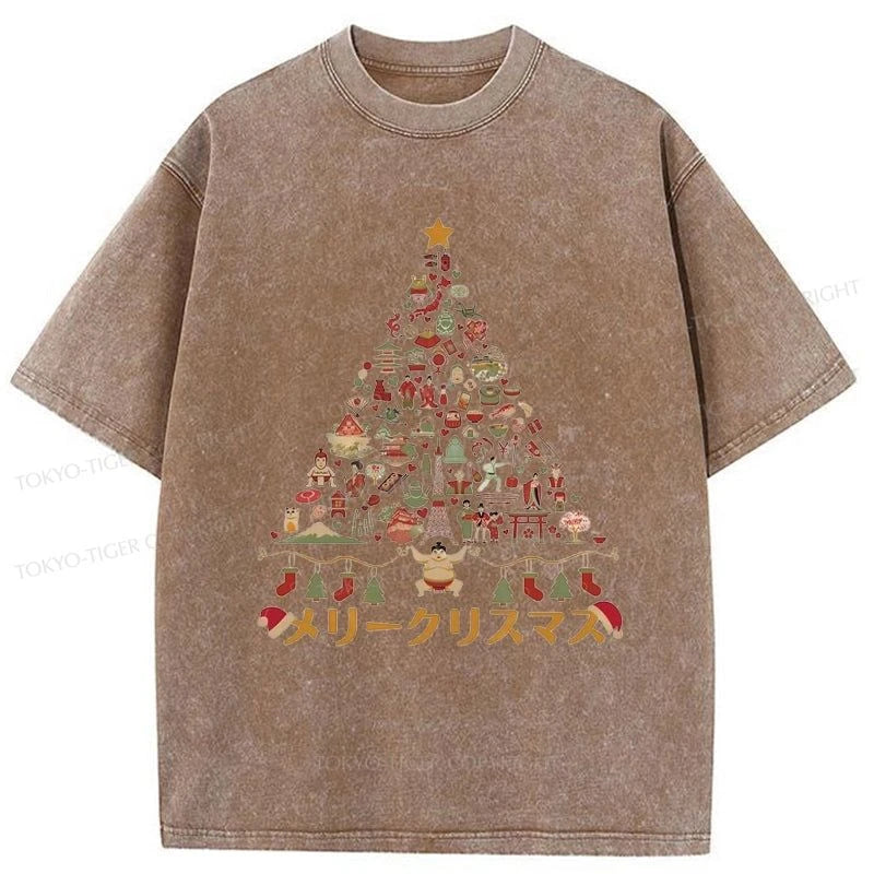 Tokyo-Tiger Japanese Christmas Tree Made Up of Icons Washed T-Shirt