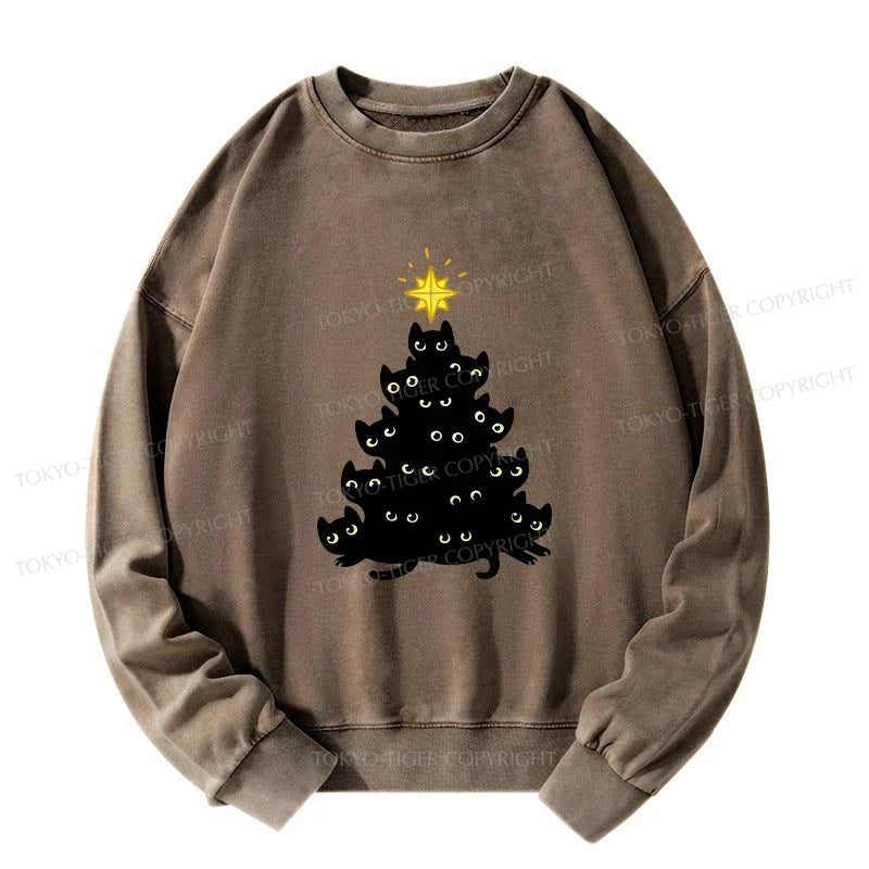 Tokyo-Tiger Black Cat Christmas Tree Washed Sweatshirt