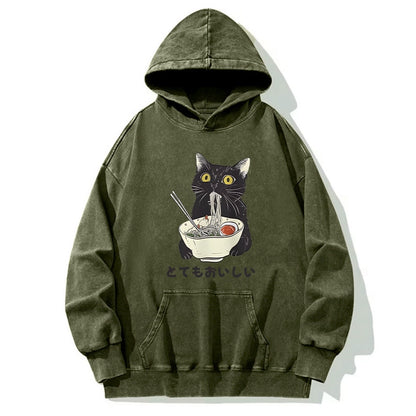 Tokyo-Tiger Cats Eat Ramen Noodles Washed Hoodie