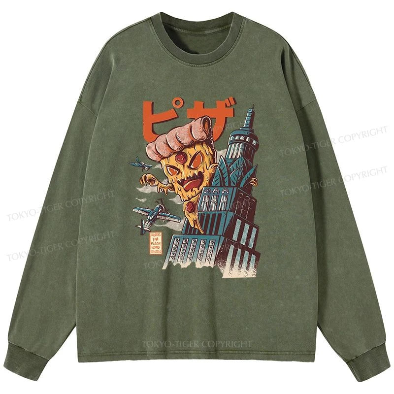 Tokyo-Tiger Great Pizza Kaiju Japanese Washed Long Sleeve T-Shirt