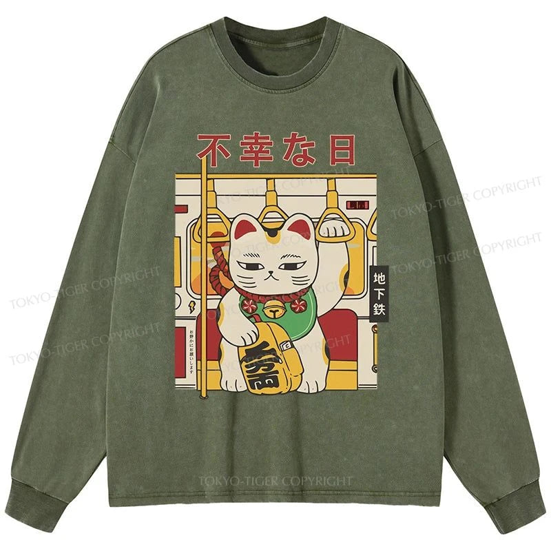 Tokyo-Tiger Lucky Cat Who Doesn't Want To Work Washed Long Sleeve T-Shirt