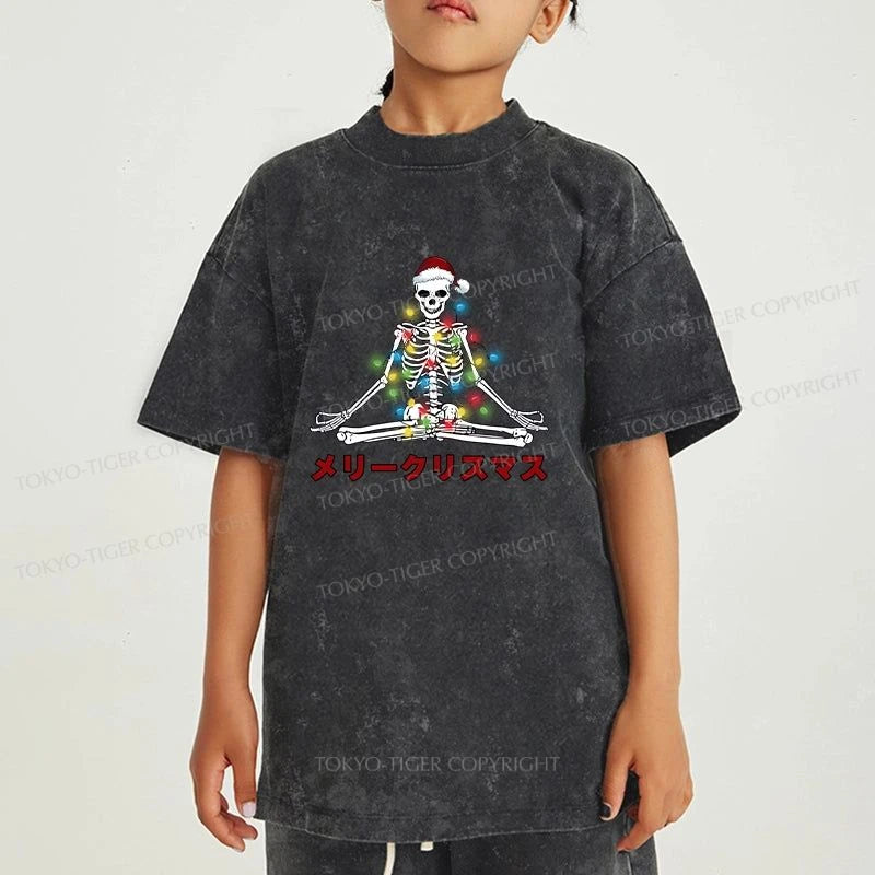 Tokyo-Tiger Christmas Skull Sitting Like Buddha Kids Washed T-Shirt