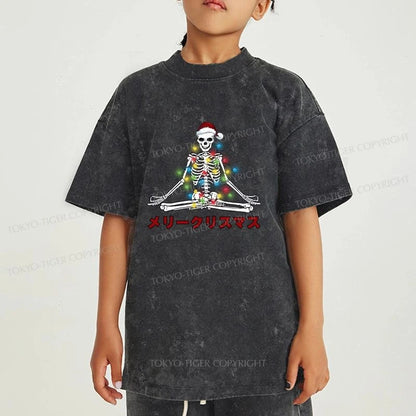 Tokyo-Tiger Christmas Skull Sitting Like Buddha Kids Washed T-Shirt