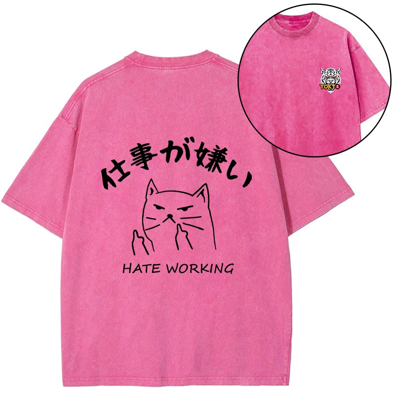 Tokyo-Tiger A Cat That Hates Work Front Back Washed T-Shirt