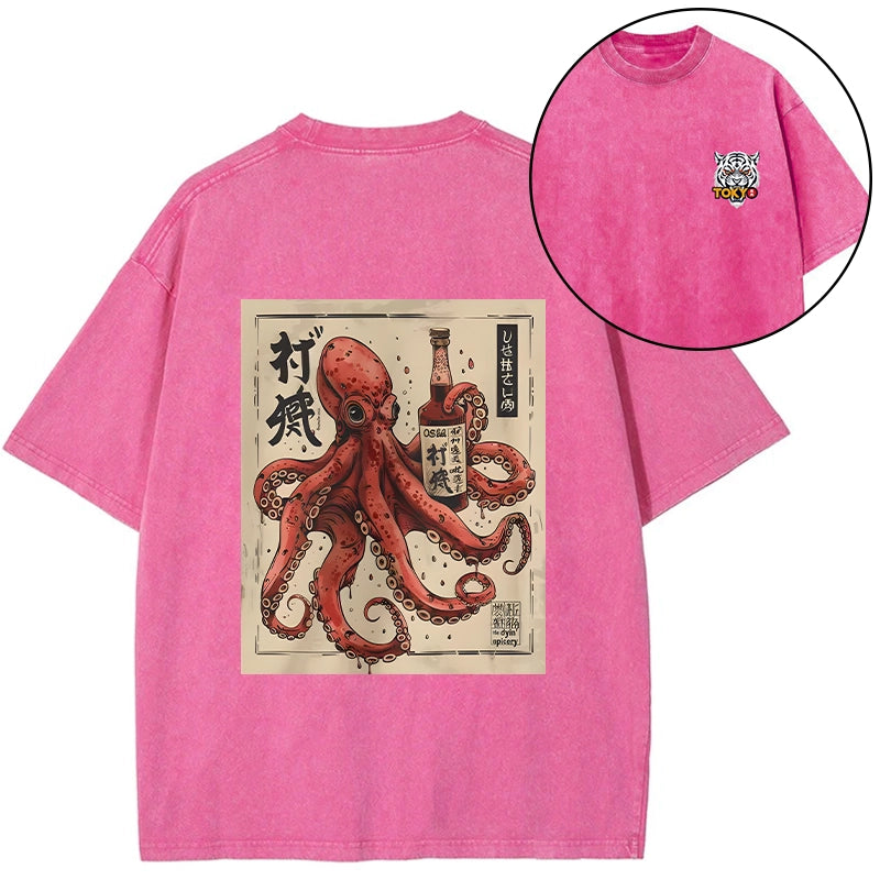 Tokyo-Tiger Osaka Saké Octopus Front Back Washed T-Shirt