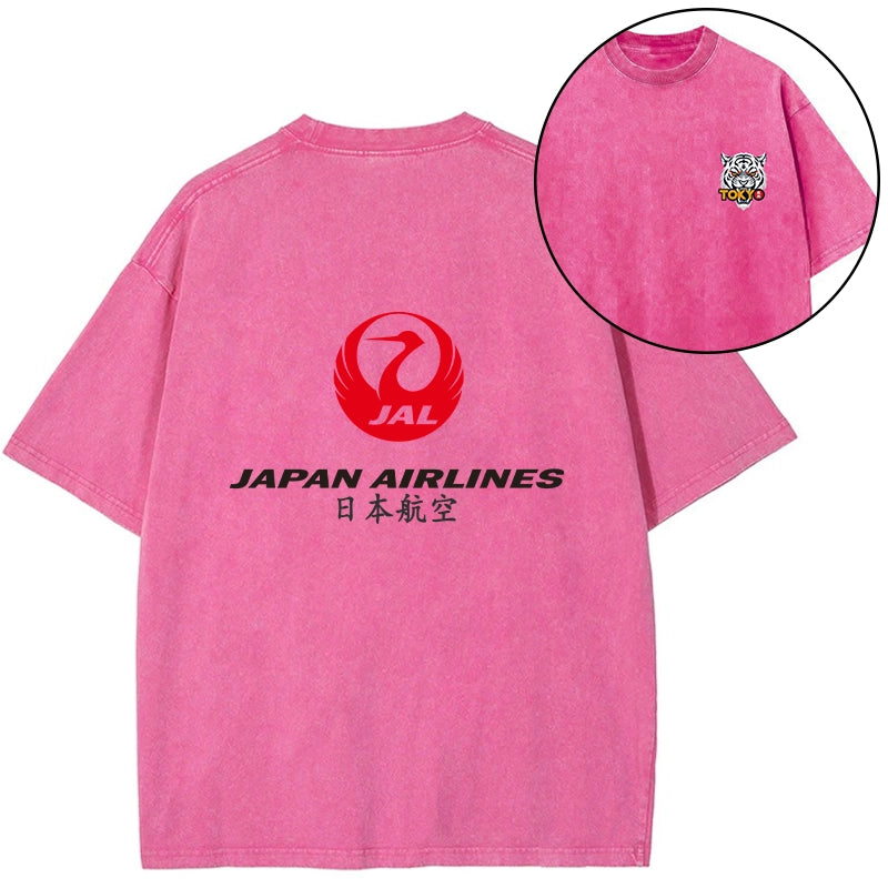 Tokyo-Tiger Japan Airlines Front Back Washed T-Shirt