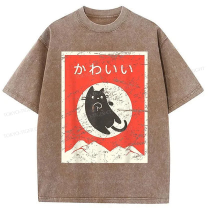 Tokyo-Tiger Cute Black Cat Japanese Washed T-Shirt