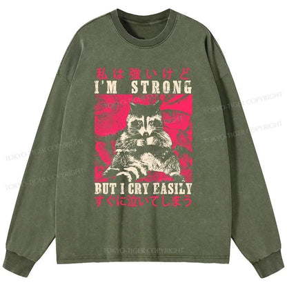 Tokyo-Tiger I Am Strong Raccoon Washed Long Sleeve T-Shirt