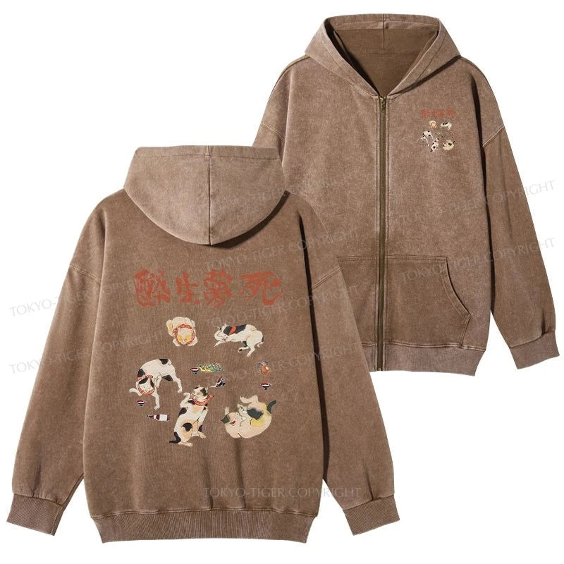 Tokyo-Tiger Drunken Cats Washed Zip Hoodie