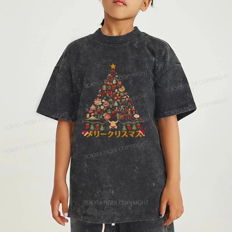 Tokyo-Tiger Japanese Christmas Tree Made Up of Icons Kids Washed T-Shirt