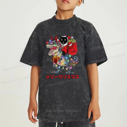 Tokyo-Tiger Cat Riding Dinosaur Christmas Kids Washed T-Shirt