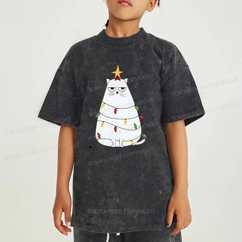 Tokyo-Tiger Chubby Cat Celebrates Christmas Kids Washed T-Shirt