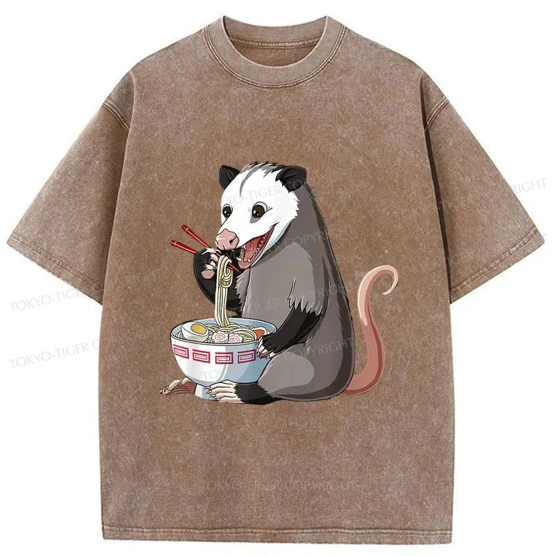 Tokyo-Tiger Possums Eat Ramen Noodles Washed T-Shirt