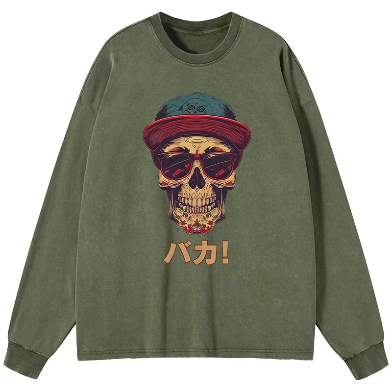 Tokyo-Tiger Fashion Skull Japanese Washed Long Sleeve T-Shirt