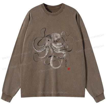 Tokyo-Tiger Octopus Japanese Calligraphy Washed Long Sleeve T-Shirt