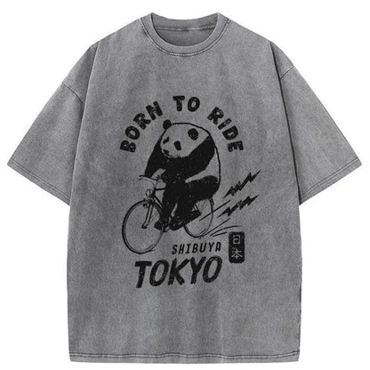 Tokyo-Tiger Pandas Ride Bicycles Washed T-Shirt
