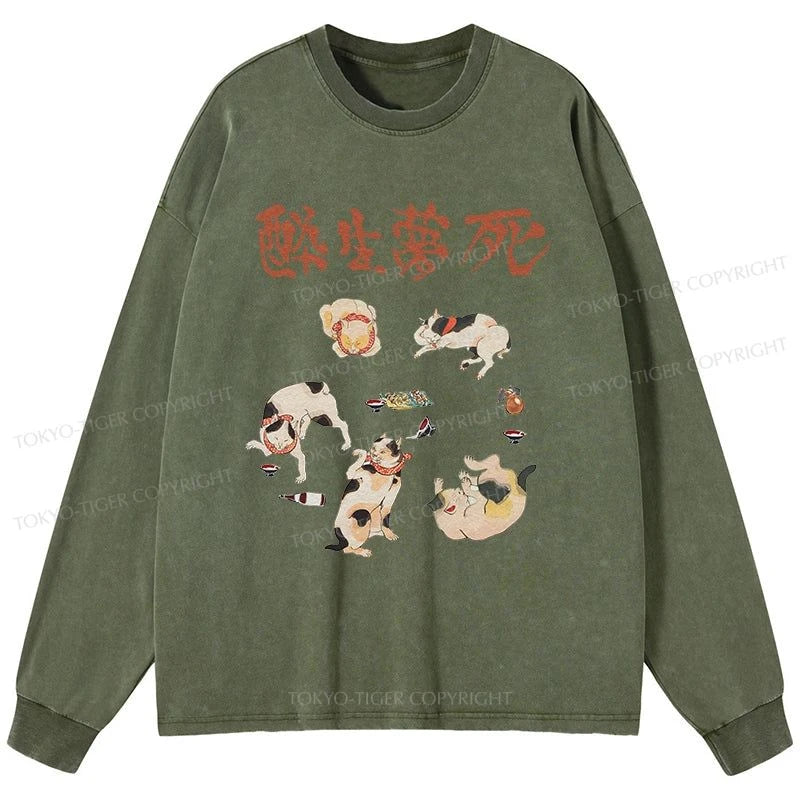 Tokyo-Tiger Drunken Cats Washed Long Sleeve T-Shirt