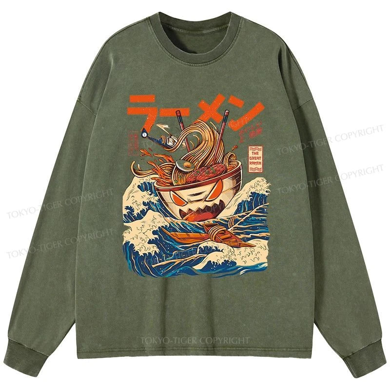 Tokyo-Tiger The Great Wave Ramen Kaiju Washed Long Sleeve T-Shirt