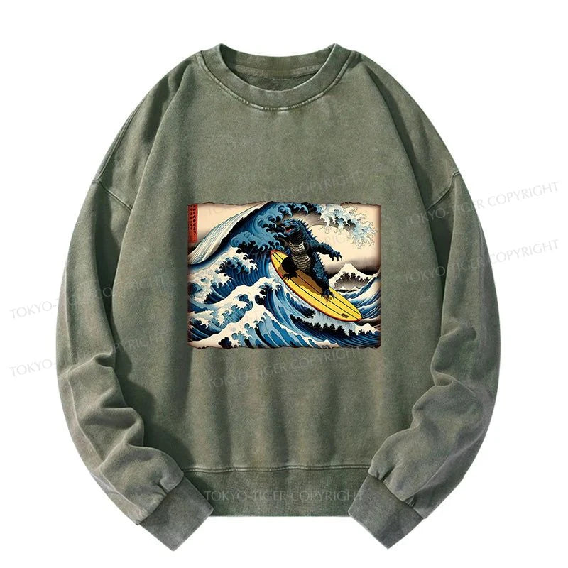 Tokyo-Tiger Dinosaur Surfing Japanese Washed Sweatshirt