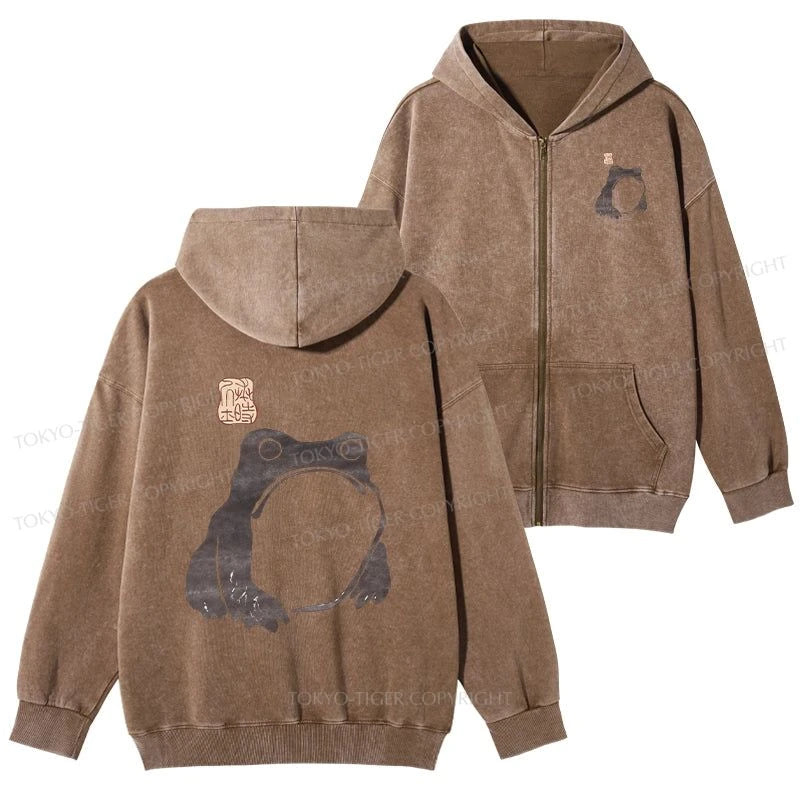 Tokyo-Tiger Matsumoto Hoji Woodblock Print Frog Washed Zip Hoodie